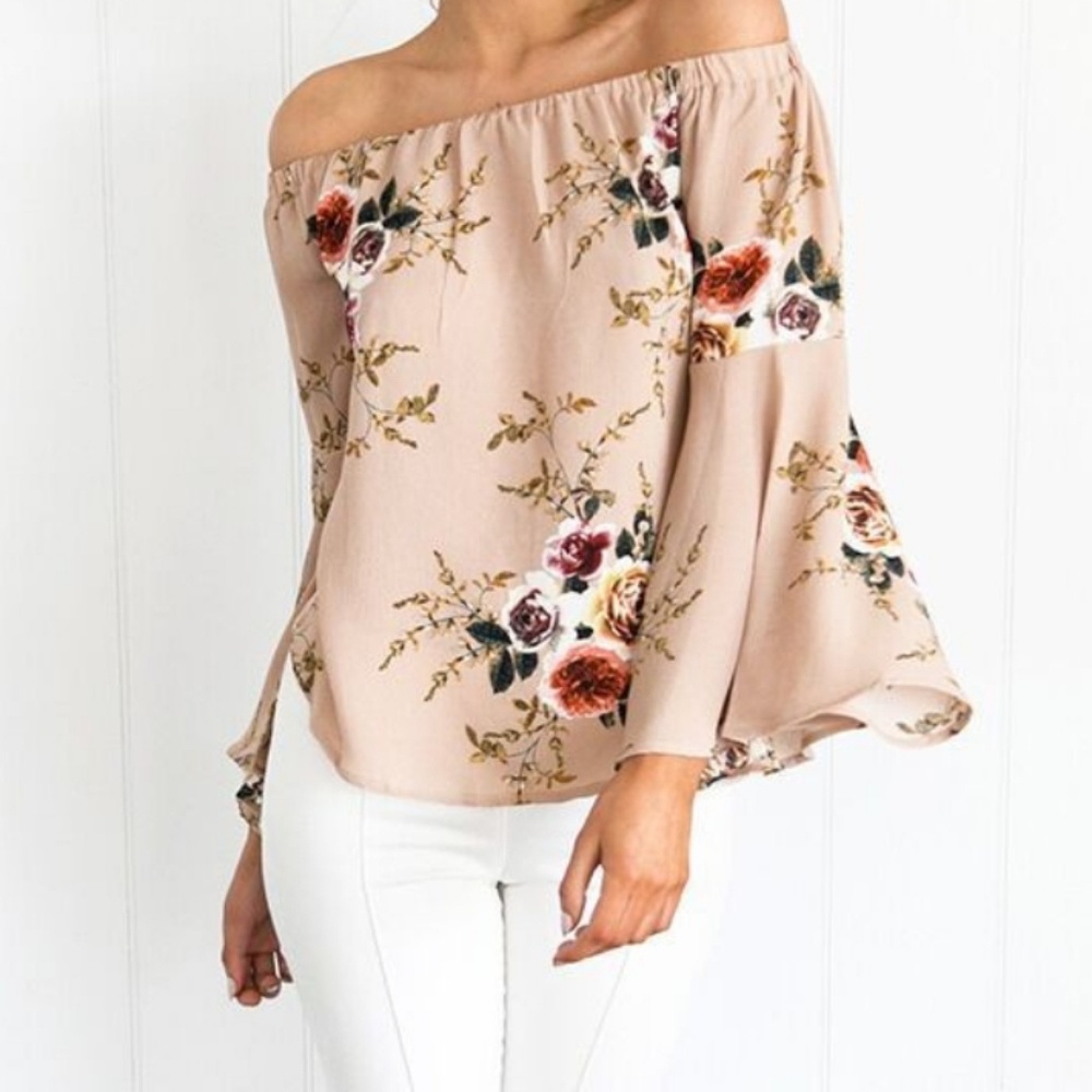 Floral Print Off Shoulder Trumpet Sleeve Blouse